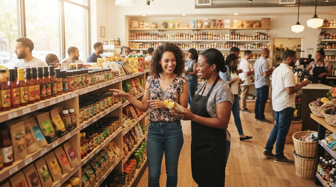 Customers shopping in a food retail store