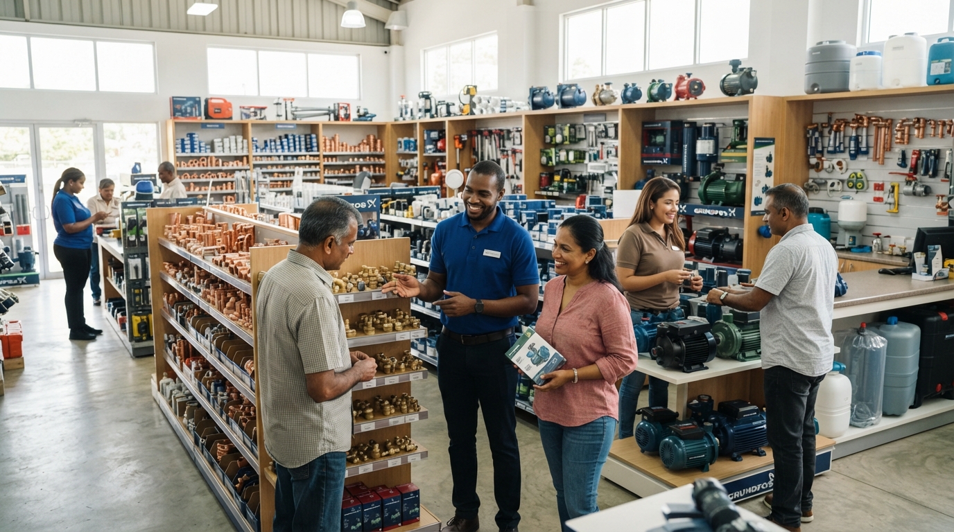 Staff helping a customer in a pump and plumbing retail shop