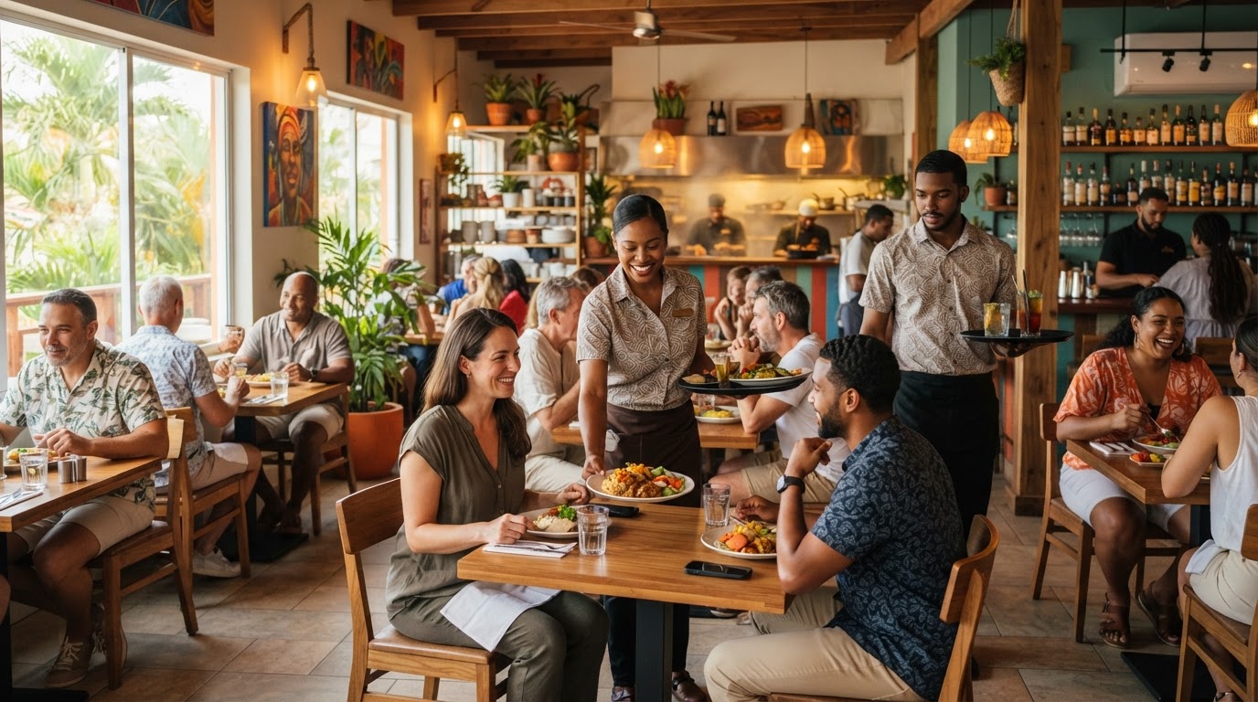 Restaurant staff welcoming customers