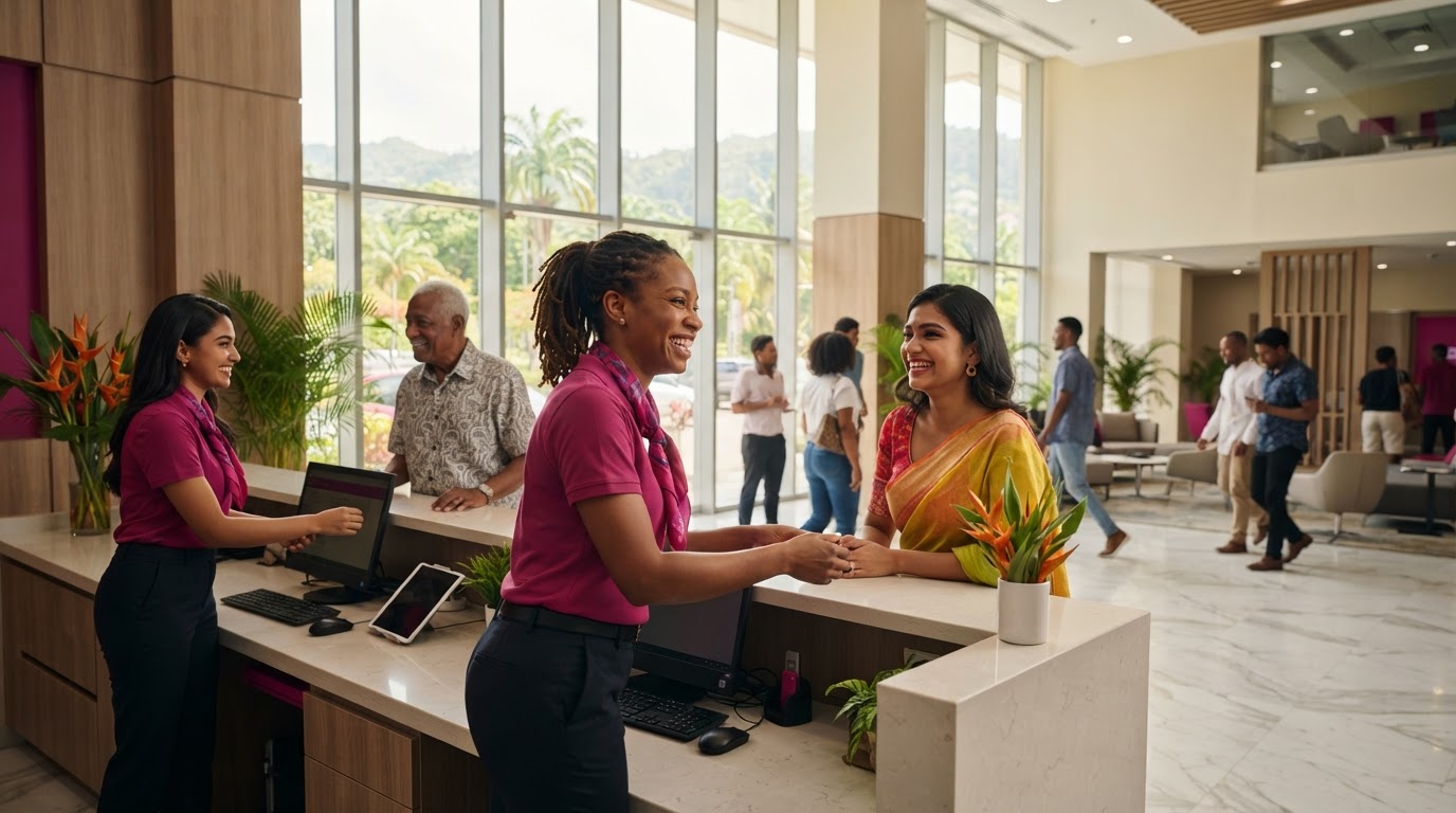 Staff greeting customers in a sunlit lobby in Trinidad